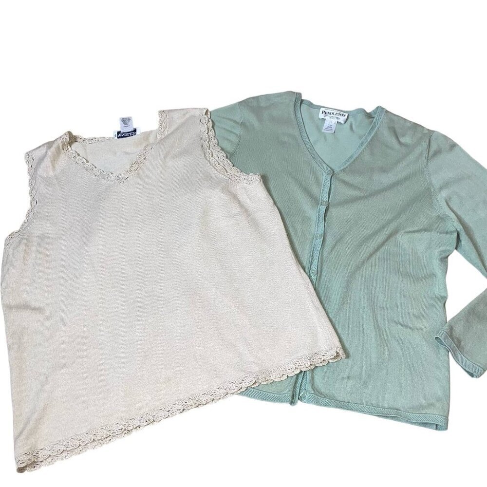 Pendleton top blouse cardigan set of 2 white sea foam green lace trim SZ LG